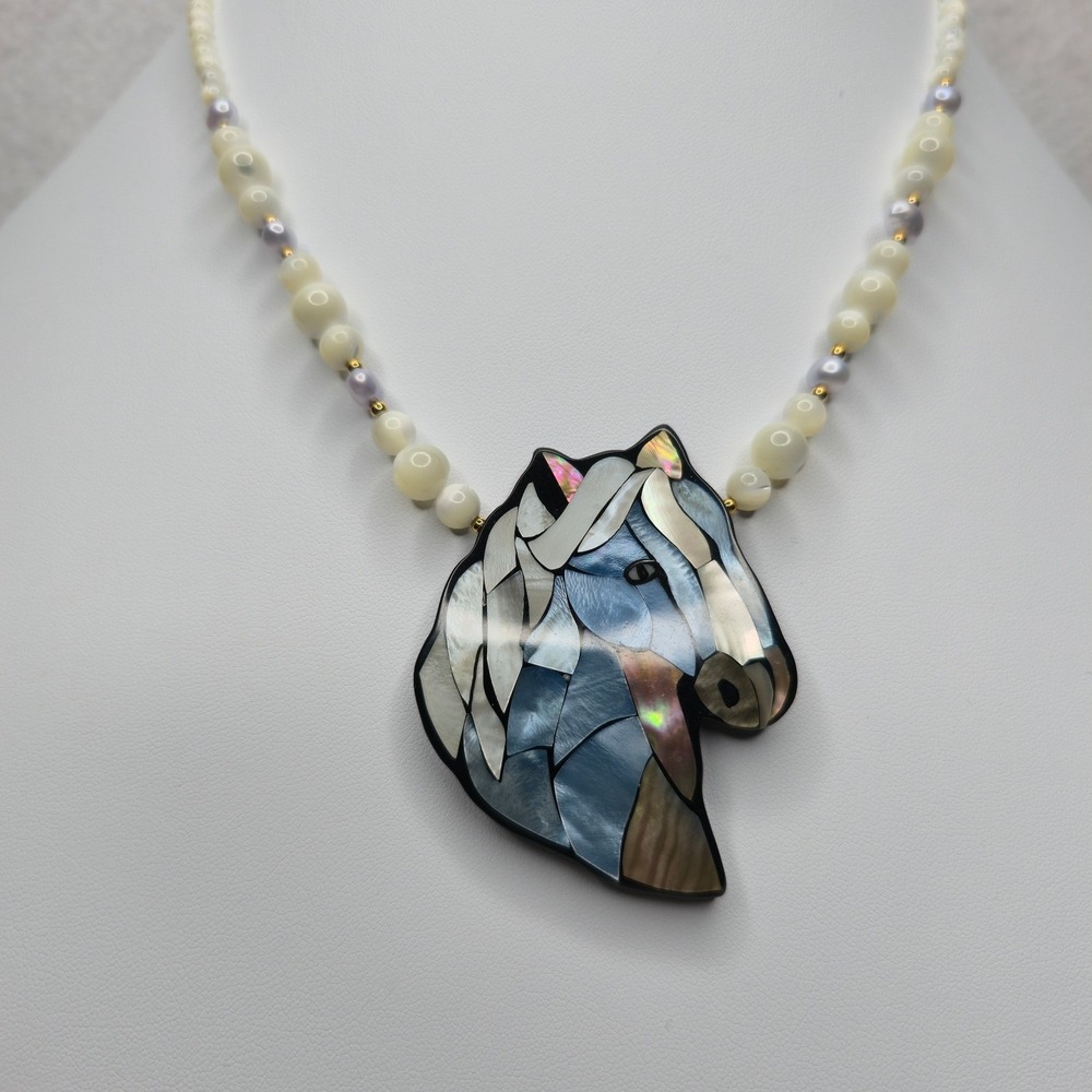 Artisan Horse Head Plastic Beaded Necklace Blue 19" Jewelry